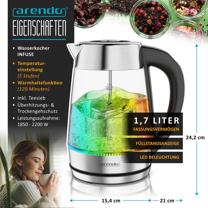 Immagine prodotto Arendo Wasserkocher, 2in1 Teebereiter mit Teesieb & 5 Temperaturen, 1.7 l, 2200 W, 40-100°C, LED-Licht (1.70 l)