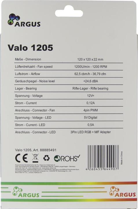 Actual product image Intertech Inter Tech Inter-Tech Fan 120*120*22 Argus Valo 1205 RGB (120 mm, 1x)
