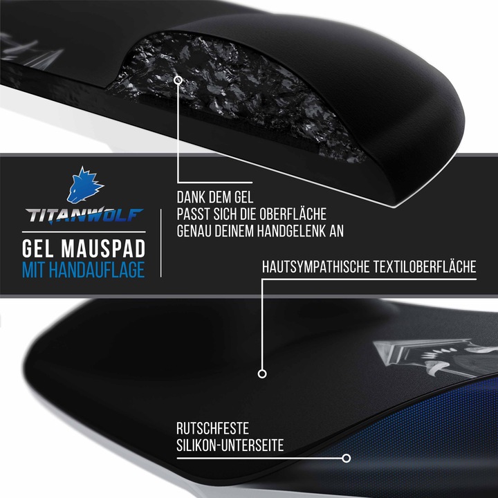 Produktbild Titanwolf Gaming Mauspad mit Handgelenkauflage, Office Gel Mausmatte mit Handgelenkpolster, schwarz