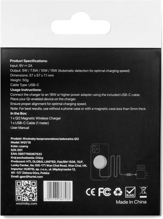 Actual product image Wozinsky 15W Wireless Qi2 Inductive Charger - Black (15 W)