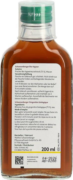 Nährwerte und Zutaten Schönenberger Ingwer naturreiner Frischpflanzentrunk Bio Saft (1 Stück, Flüssigkeit, 436 g)