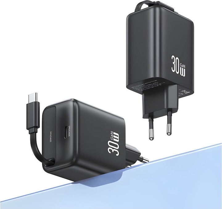 Produktbild Usams Ład. siec. 1xUSB-C ze zwijanym kablem USB-C Retractable PD+QC 30W Gan Fast Charging czarny/bla (30 W)