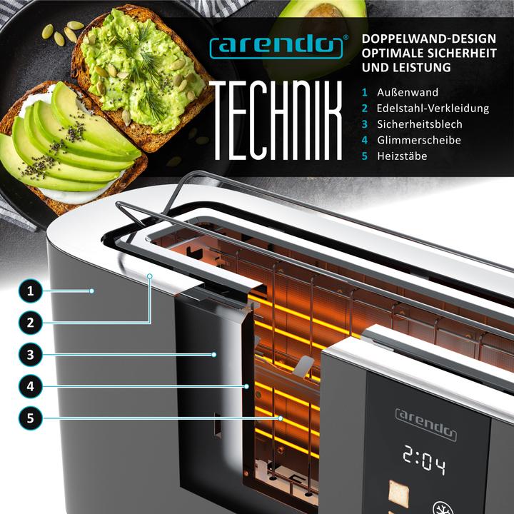 Actual product image Arendo Toaster Edelstahl 2 Scheiben Langschlitz, Restzeit & Bräunungsgradanzeige, Touch Display, 1000 W