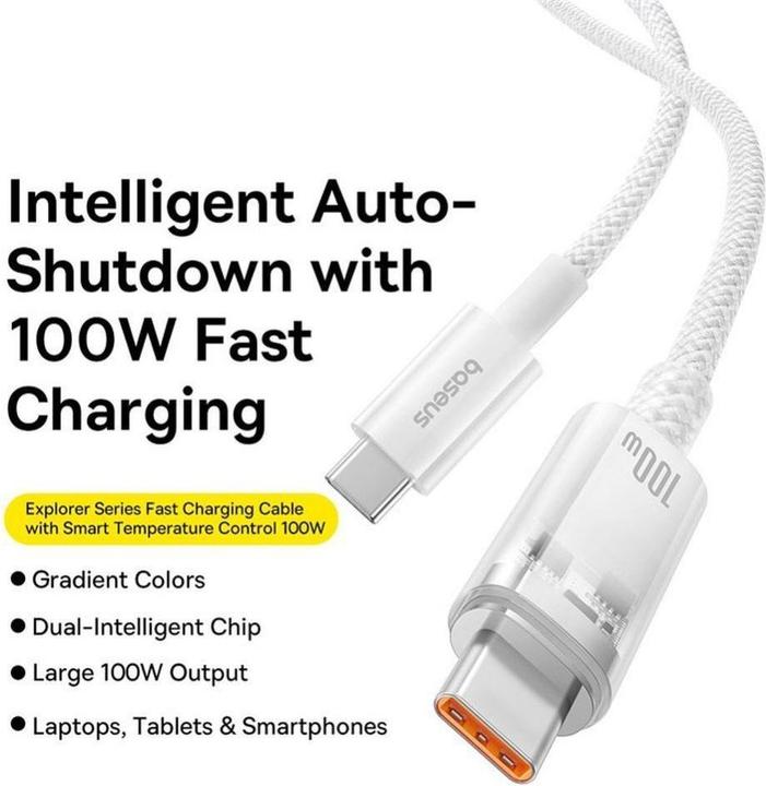Actual product image Baseus USB-C to USB-C Explorer, 100W, 5A, 2m, white (2 m, 100 W)