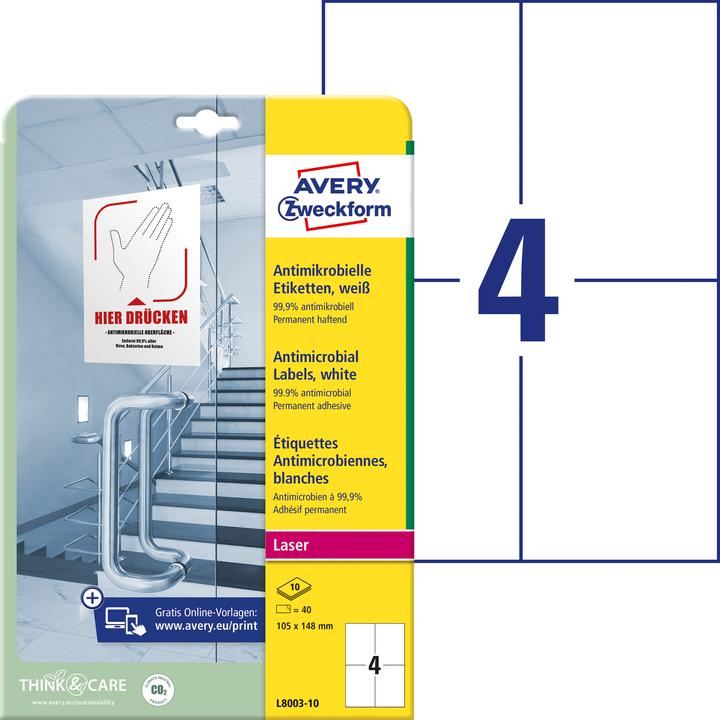 Produktbild Avery AVZ L8003-10 Antimikrobielle Etiketten 105x148mm weiss