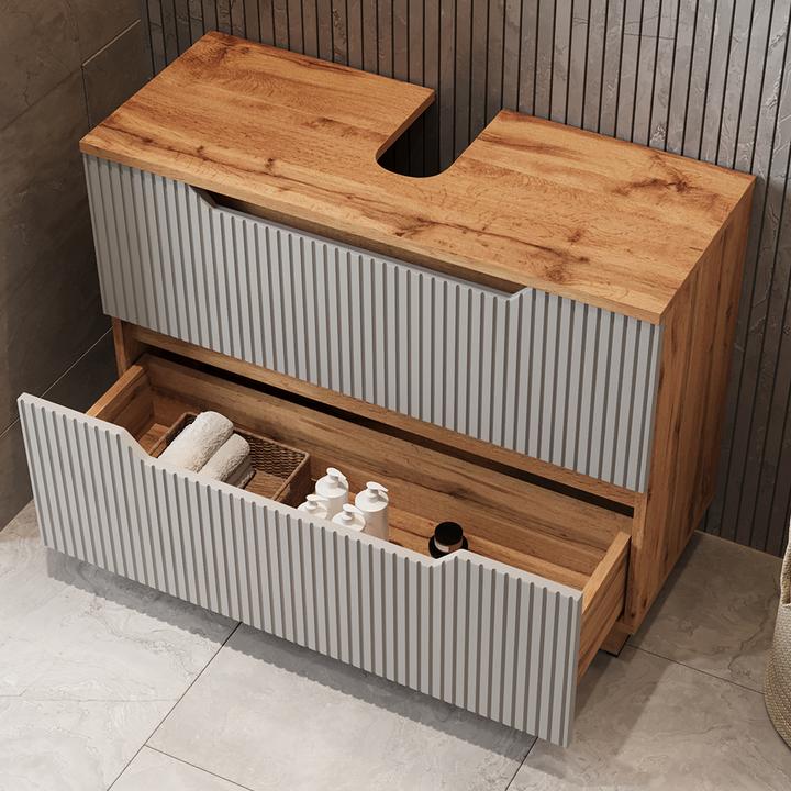 Actual product image Vicco Waschbeckenunterschrank Lotta, Eiche/grau gestreift, 79.6 x 62.5 cm mit 2 Schubladen (79.60 x 32 x 62.50 cm)