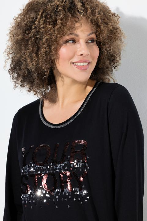 Produktbild Ulla Popken Shirt, Pailletten-Schriftzug, Classic, Rundhals, Langarm (60)