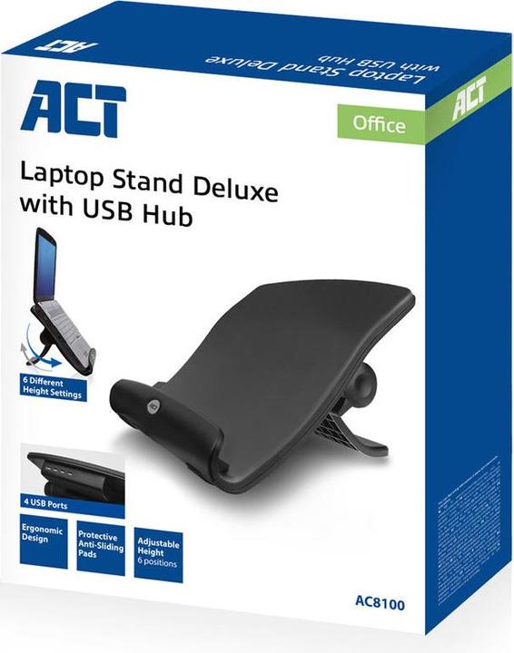 Image du produit ACT Support pour ordinateur portable, jusqu'à 17", hauteur réglable (6 positions), hub 4 ports