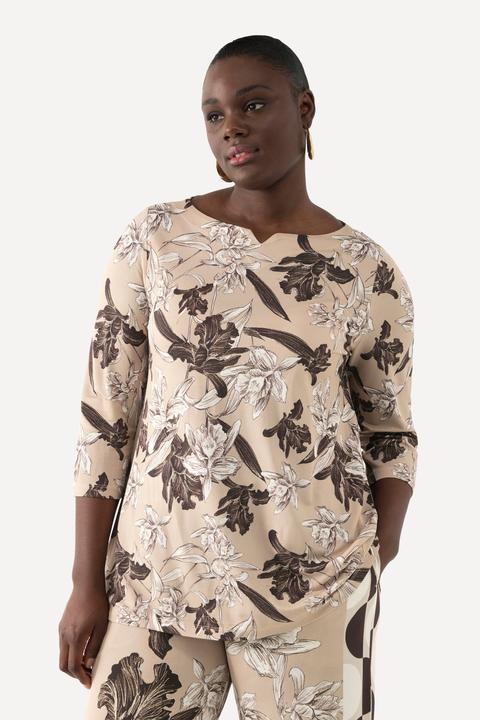 Actual product image Ulla Popken Floral Stretch Flit Wide Neck 3/4 Sleeve Blouse (46, 48)