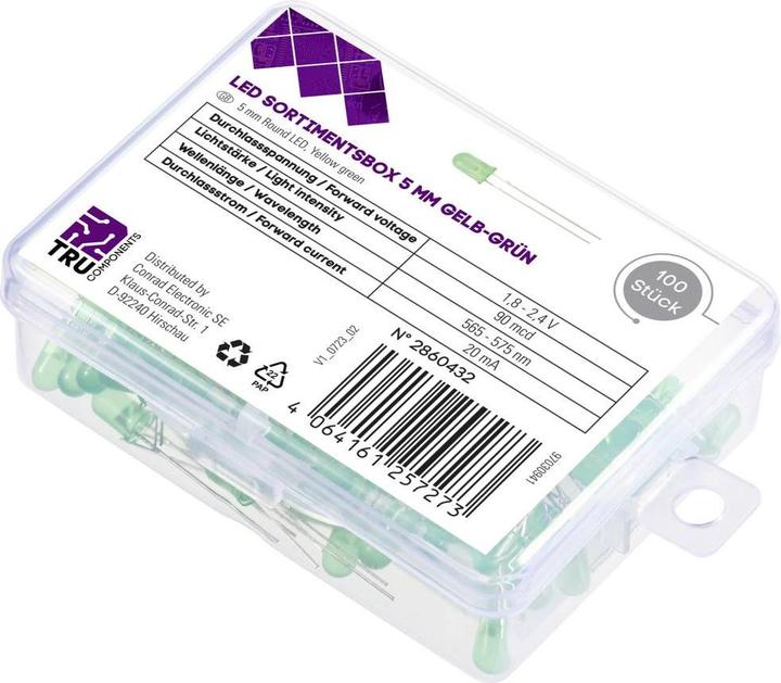 Image du produit Tru Components LED câblée jaune-vert ronde diffuse 90 mcd 30 ° 20 mA 1.8 V, 2.