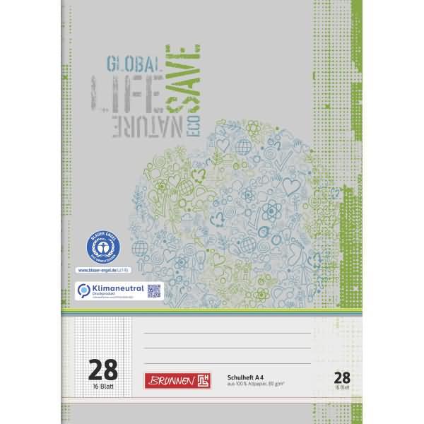 Brunnen School exercise book recycled ruled 28 squared DIN A4 inside and outside margins, 16 sheets (A4, Checked)