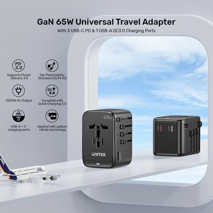 Actual product image Unitek riad EU/US/UK/AUS PD 65 watt travel charger (65 W, 4 ports)