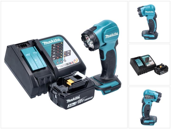1x Makita DEADML 815 LED Akku Handleuchte, 1x Makita BL 1830 B 18 V 3,0 Ah Akku, 1x Makita DC 18 RC Ladegerät