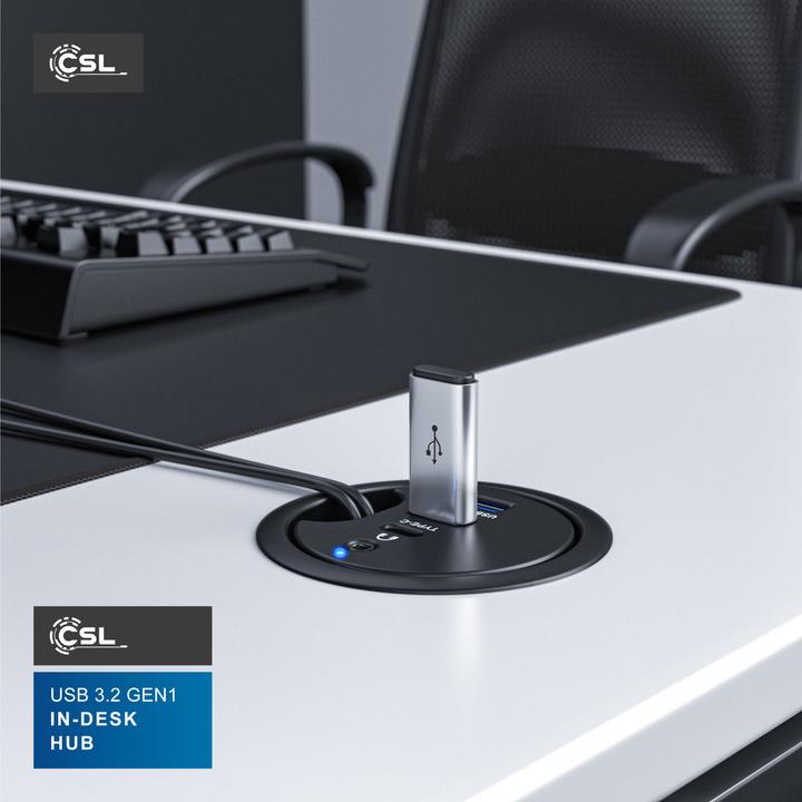 Produktbild CSL Multi Hub für Tischkabeldurchführung: 2x USB 3.2 Gen1, 1x USB-C, 1x 3,5mm Audio, Tischkabeldose (USB-A, 4 Ports)