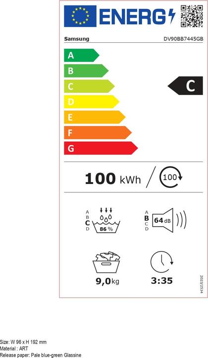 Energy Label Samsung QuickDry DV90BB7445GB (9 kg, Right)