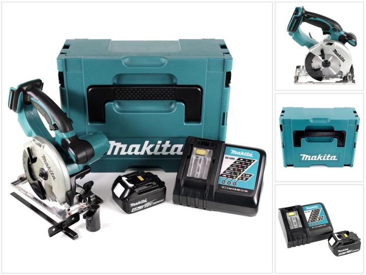 1x Makita DSS 501 18V Li-ion Akku Handkreissäge, 1x Makita BL 1840 B 4,0 Ah Li-Ion Akku, 1x Makita DC18RC Schnelladegerät, 1x Makpac 3 Systemkoffer, 1x passende Schaumstoffeinlage