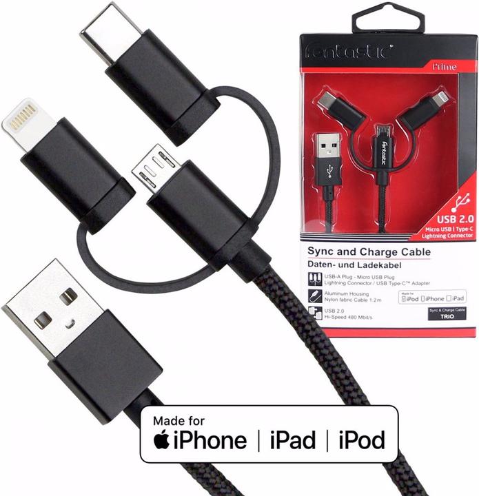 Produktbild fontastic Prime Trio USB A - Lightning/Micro USB/Type-C (1.20 m, USB 2.0)