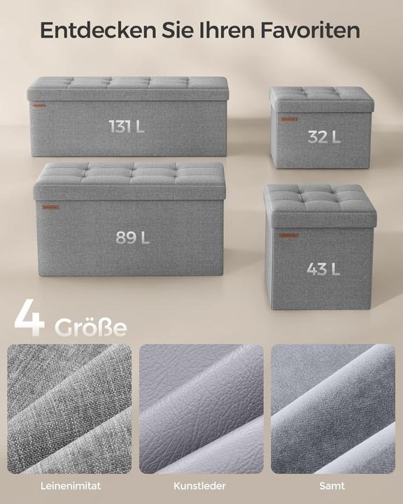 Produktbild Songmics Sitzbank mit Stauraum 110cm Faltbar Leinenimitat Hellgrau (110 cm)