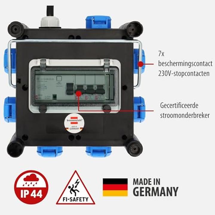 Produktbild Brennenstuhl Kabel Baustelleneinsatz und ständiger Einsatz im Freien, mit FI-Schalter (7 x, CEE 7/3)