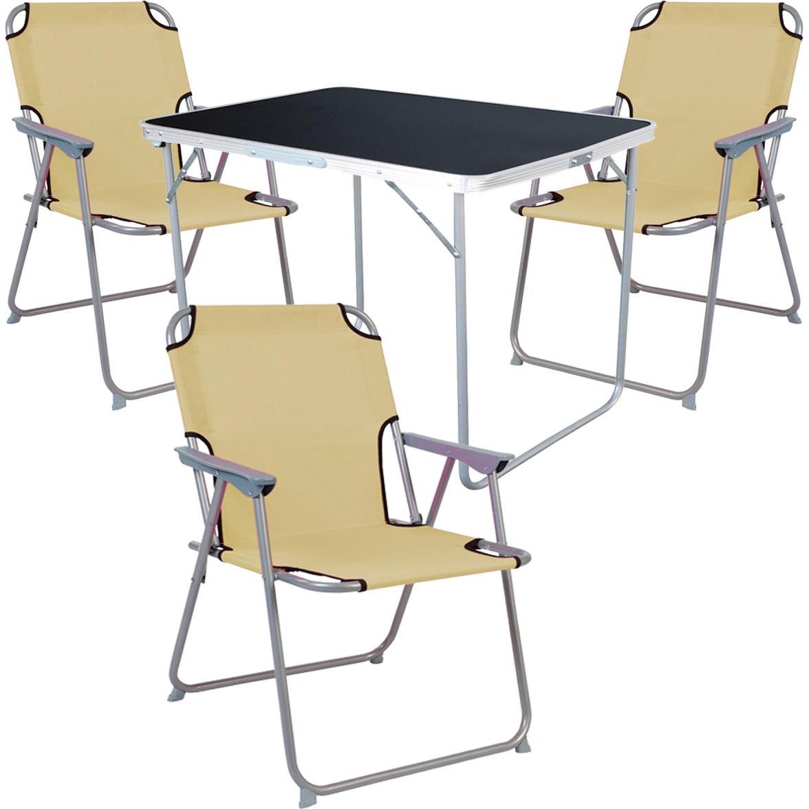 Thumbnail - Mojawo, Gartentisch + Balkontisch, 4-tlg Camping Set Gartenmöbel Campingtisch + 3 Campingstuhl Klappstuhl Beige (70 cm)