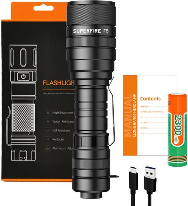 Actual product image Superfire Flashlight F5, 1100lm, USB (13 cm, 1100 lm)