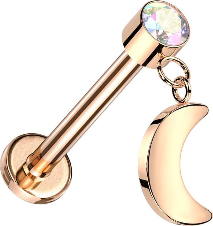 Image du produit Star Piercing Micro Threadless Labret or rose Cylindre or rose Cristal multicolore Pendentif Lune or rose (sans laiton, Titane)