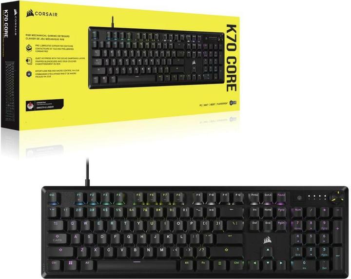 Image du produit Corsair K70 RGB CORE Clavier de jeu mécanique, rétroéclairé par LED RGB, MX rouge, noir, (CH-910971E (CH, Filaire)
