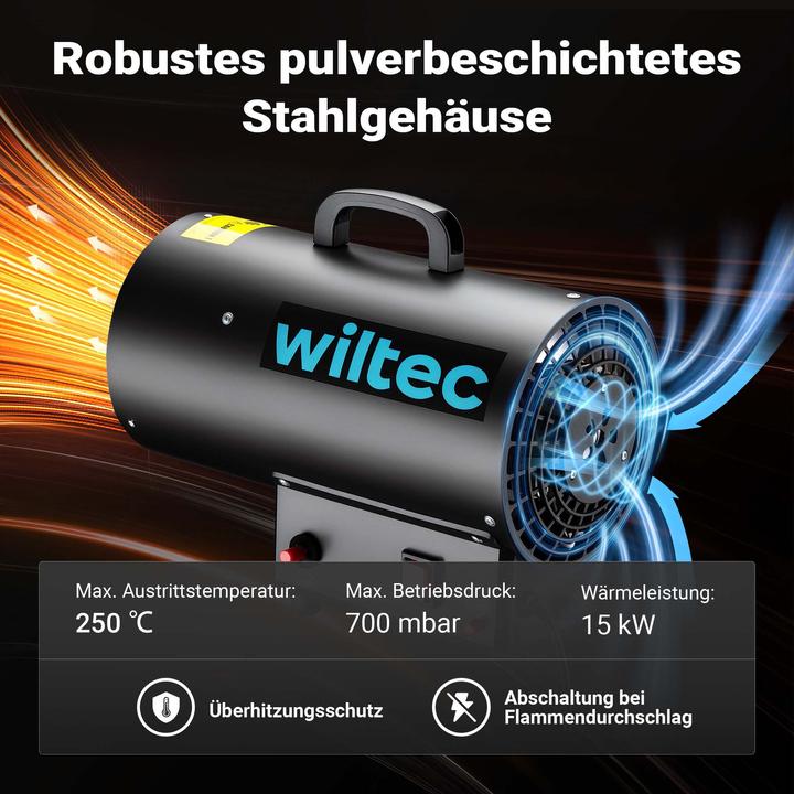 Actual product image Wiltec Gasheizgebläse 15kW Heizkanone 30W Gasdruckminderer Spanien 700mbar (15000 W)