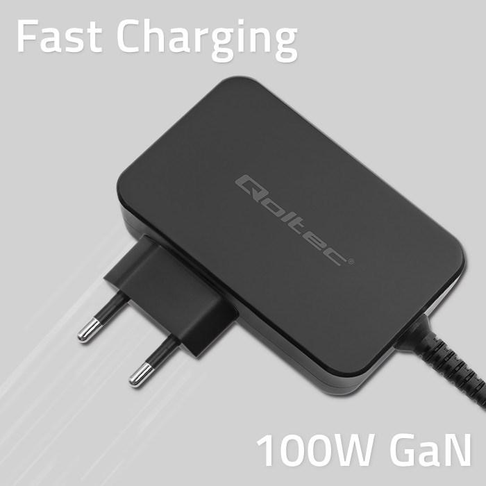 Image du produit Qoltec Ładowarka GaN POWER PRO | 1xUSB-C | 100W | 5-20V | 3-5A | Czarna (100 W, 1 portion)