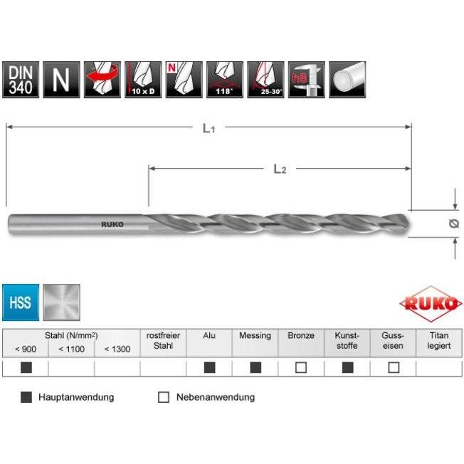 Thumbnail - Ruko, Bohrereinsatz, Extended drill for metal TL3000 DIN340 Ø 10.5 mm (10.5 Millimeter)