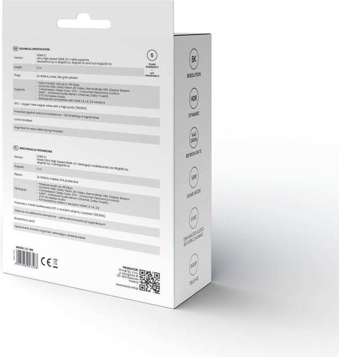 Productafbeelding Savio HDMI (M) v2.1 kabel 5m 8K koper blauw-zwart gouden tips CL-169 (5 m)
