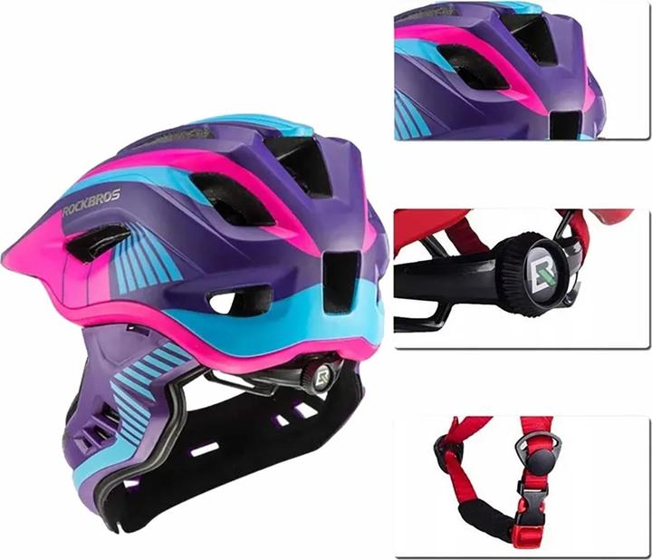 Immagine prodotto Rockbros TT-32SBPP-S casco da bicicletta per bambini con mentoniera staccabile, taglia S - rosa-viola (48 - 53 cm)