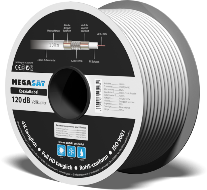 Produktbild Megasat Koax 120dB Kabel Vollkupfer 100m (120 dB, Antennenkabel)