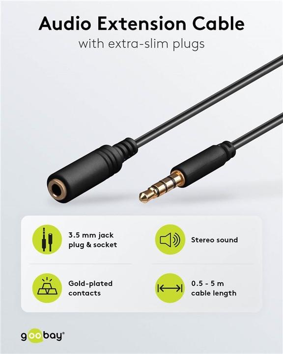 Actual product image Goobay Headphone and audio extension cable AUX, 4-pin 3.5 mm slim, CU (0.50 m, 3.5mm jack (AUX))