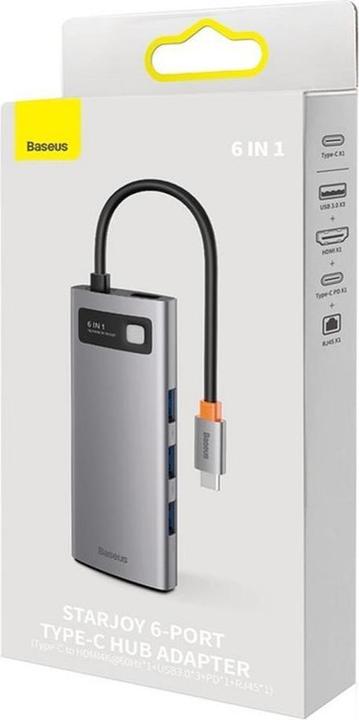 Actual product image Baseus Hub 6in1 StarJoy Series, USB-C to 3x USB 3.0 + HDMI + USB-C PD + RJ45 (USB-C, 6 ports)