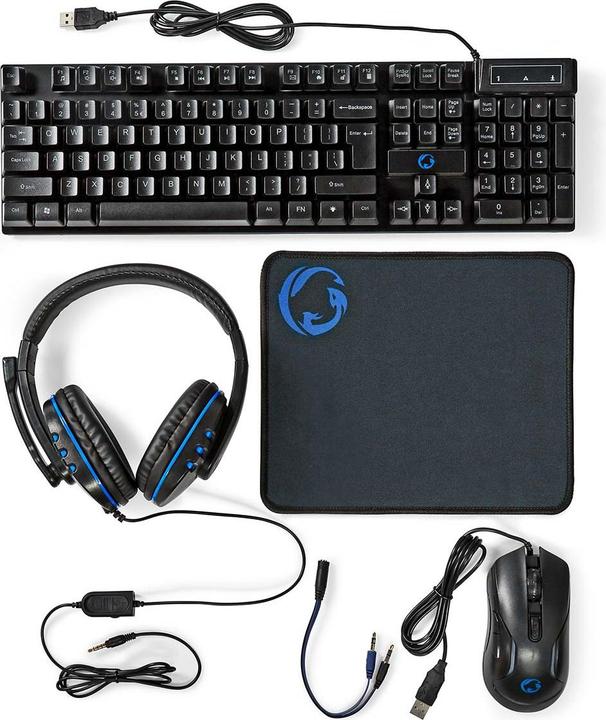 Immagine prodotto Nedis Kit combinato da gioco | 5-in-1 | Tastiera, cuffie, mouse e tappetino per mouse | Nero | QWERTY | (Ing. Int., Cablato)