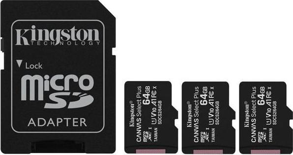 Productafbeelding Kingston Canvas Select Plus microSD 64GB Multi-Pack van 3 (64 GB, microSDXC, U1, UHS-I)