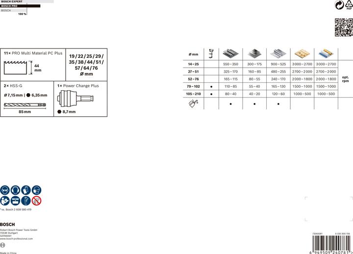 Valori nutrizionali e ingredienti Bosch Professional Zubehör Set di seghe a tazza PRO Multi Material PC Plus, 14 pezzi. (29 mm, 19 mm, 57 mm, 76 mm, 35 mm, 25 mm, 44 mm, 51 mm, 64 mm, 22 mm, 38 mm)