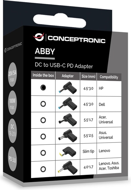 Actual product image Conceptronic Adapter USB-C -> DC, HP 4.5x3.0mm 18-20V sw