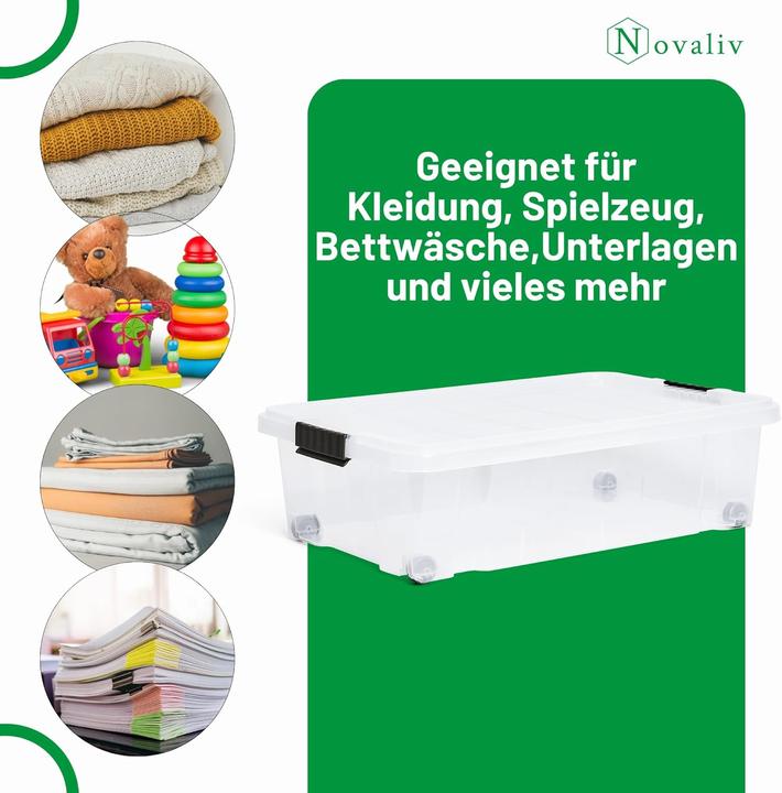 Produktbild Novaliv 3x Unterbettkommode mit Rollen 28L Aufbewahrungsbox Deckel transparente Nestbar stapelbare m (40 cm, 28 l, 3x)