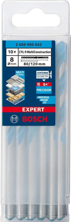 Immagine prodotto Bosch Professional Zubehör Expert CYL-9 Trapano multi-costruzione, 8 x 80 x 120 mm, d 8 mm, 10 pezzi. (8 millimetri)