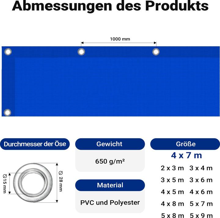 Produktbild Wiltec Abdeckplane wetterfest blau 4x7m Polyester Gartenplane 650g/m² Ösen Plane (4 x 7 m)