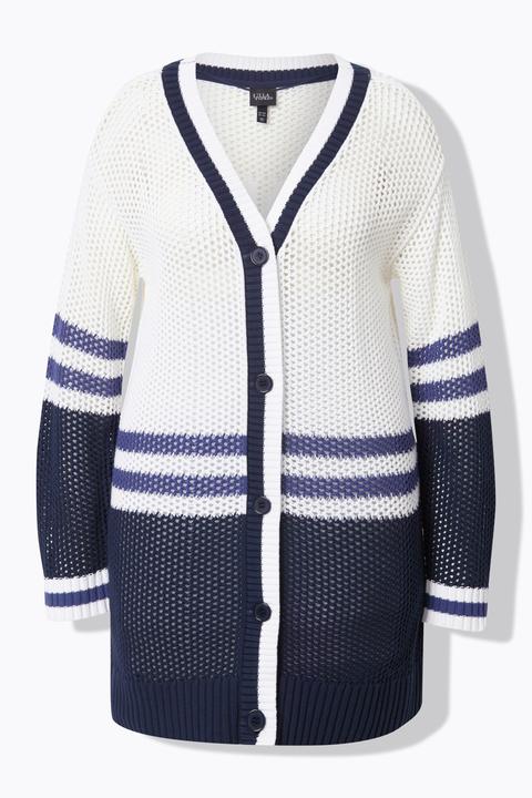 Produktbild Ulla Popken Long-Strickjacke, Streifen, V-Ausschnitt, Langarm (54)