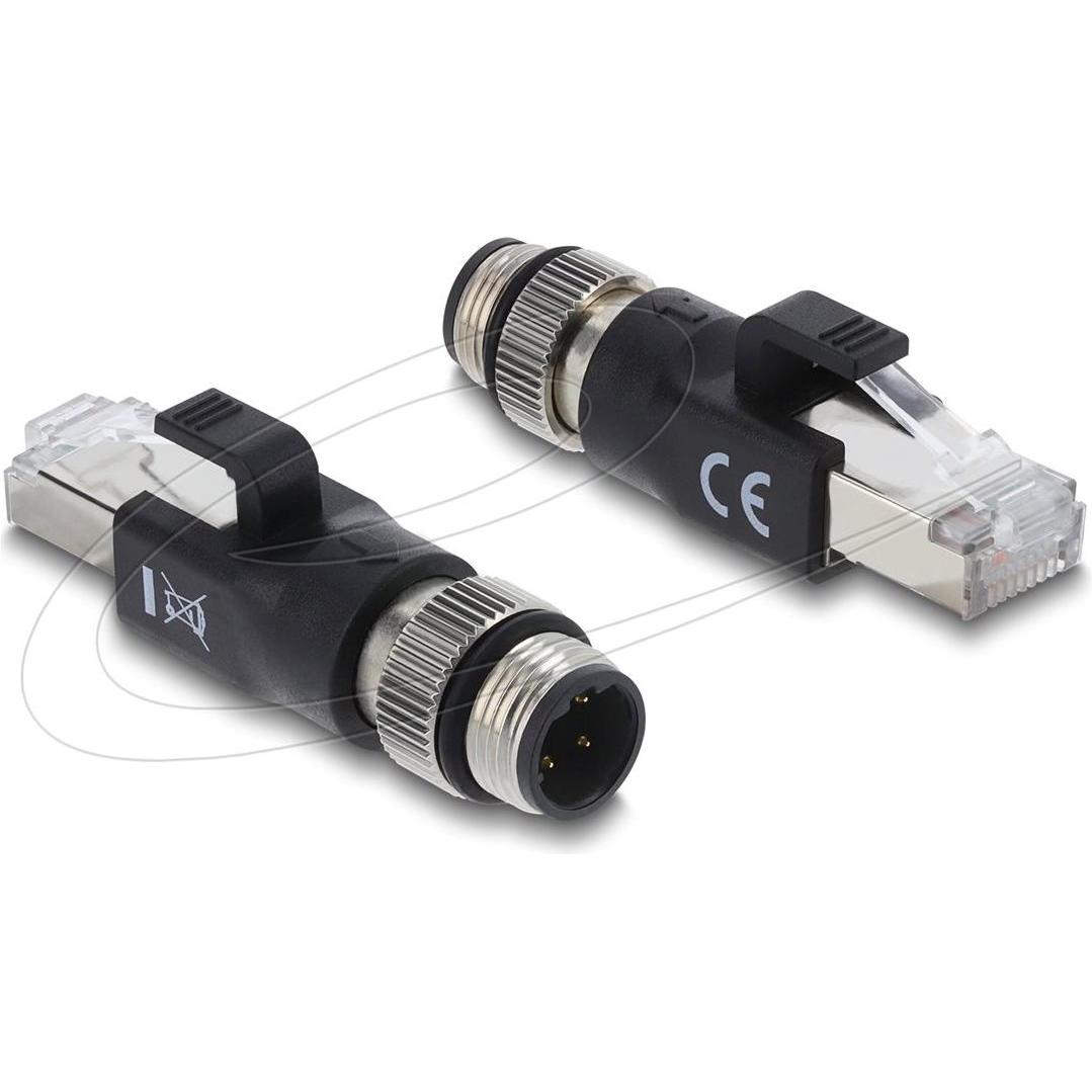 Delock M12 Adapter D-kodiert 4 Pin Stecker zu RJ45 Stecker schwarz (RJ45), Adattatore di rete, Nero
