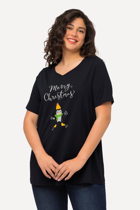 Immagine prodotto Ulla Popken Maglia natalizia dal taglio svasato con pinguino, scollo a V e mezze maniche (46, 48)