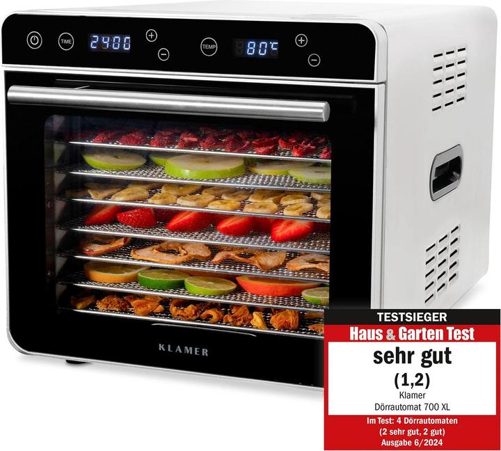 Produktbild KLAMER Premium Dörrautomat XL 700W, 8 extra grosse Einlegefächer aus Edelstahl