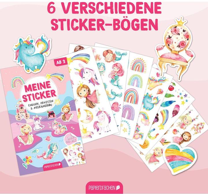 Produktbild Papierdrachen Stickerblock Einhorn, Prinzessin & Meerjungfrau (100 Sticker)