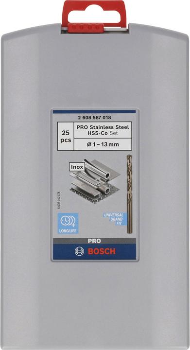 Produktbild Bosch Professional Zubehör PRO Stainless Steel HSS-Co Spiralbohrer-Set, 25-tlg. (1 mm, 1.5 mm, 10 mm, 10.5 mm, 11 mm, 11.5 mm, 12 mm, 12.5 mm, 13 mm, 2 mm, 2.5 mm, 3 mm, 3.5 mm, 4 mm, 4.5 mm, 5 mm, 5.5 mm, 6 mm, 6.5 mm, 7 mm, 7.5 mm, 8 mm, 8.5 mm, 9 mm, 9.5 mm)