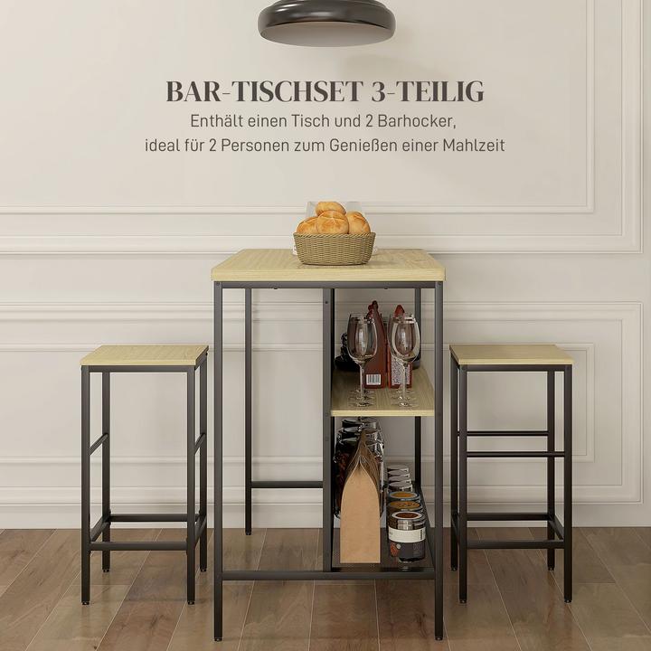 Produktbild Homcom Bartisch mit Barhocker Set MDF, Stahl Eiche (100 x 60 x 95 cm)