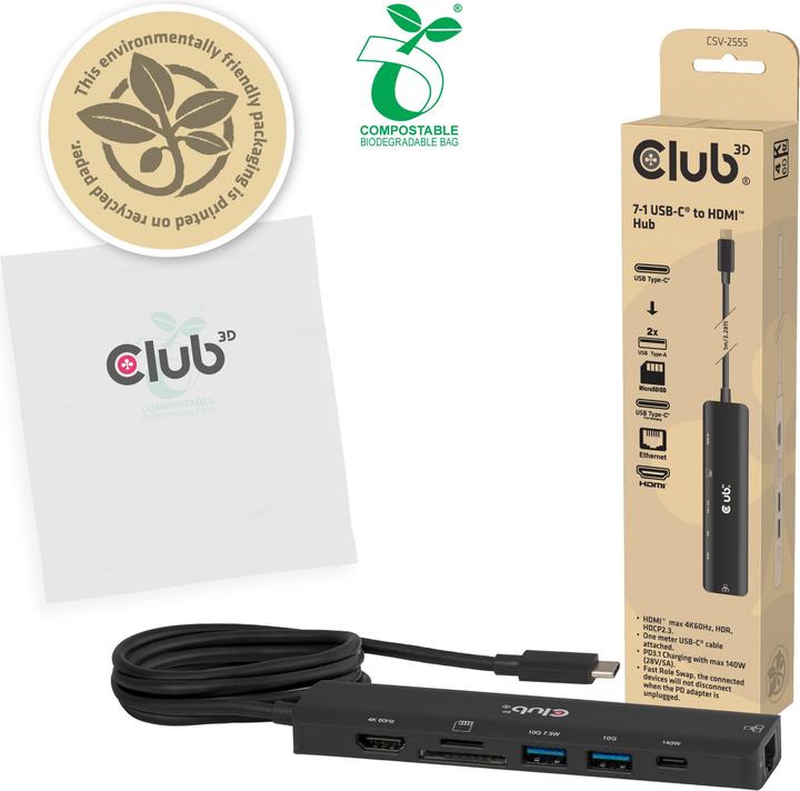 Image du produit Club 3D Club3D hub USB-C, 7-in-1 hub s 2x USB, 1xHDMI, 1xUSB-C PD, RJ45, microSD/SD, 140W, 4K60Hz (USB-C, 7 ports)